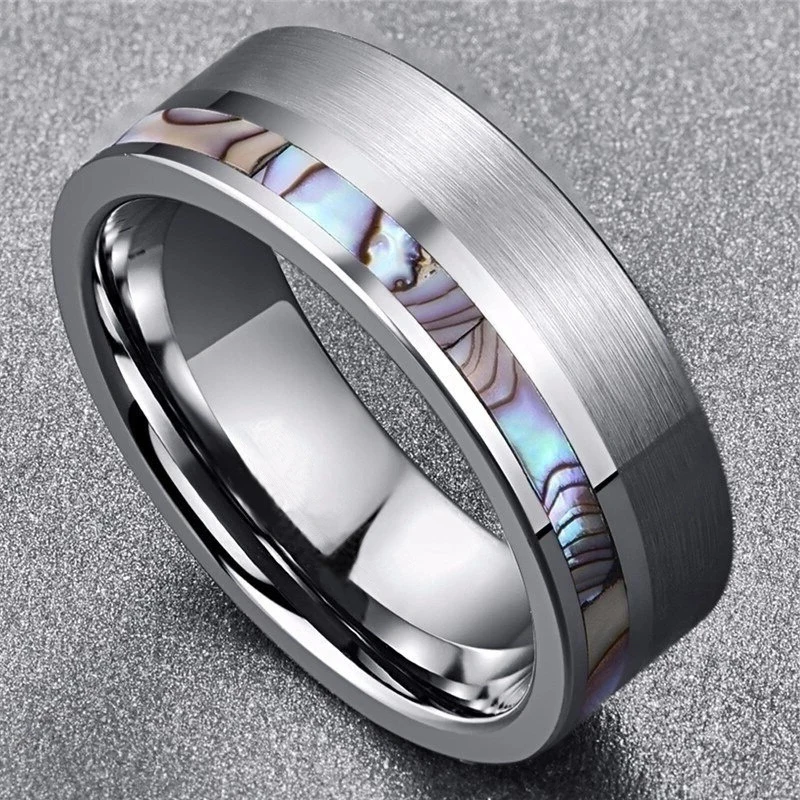 Fashion 8mm Silver Color Men Stainless Steel Ring Inlay Colorful Abalone Shell Rings For Men Women Wedding Band Jewelry Gifts