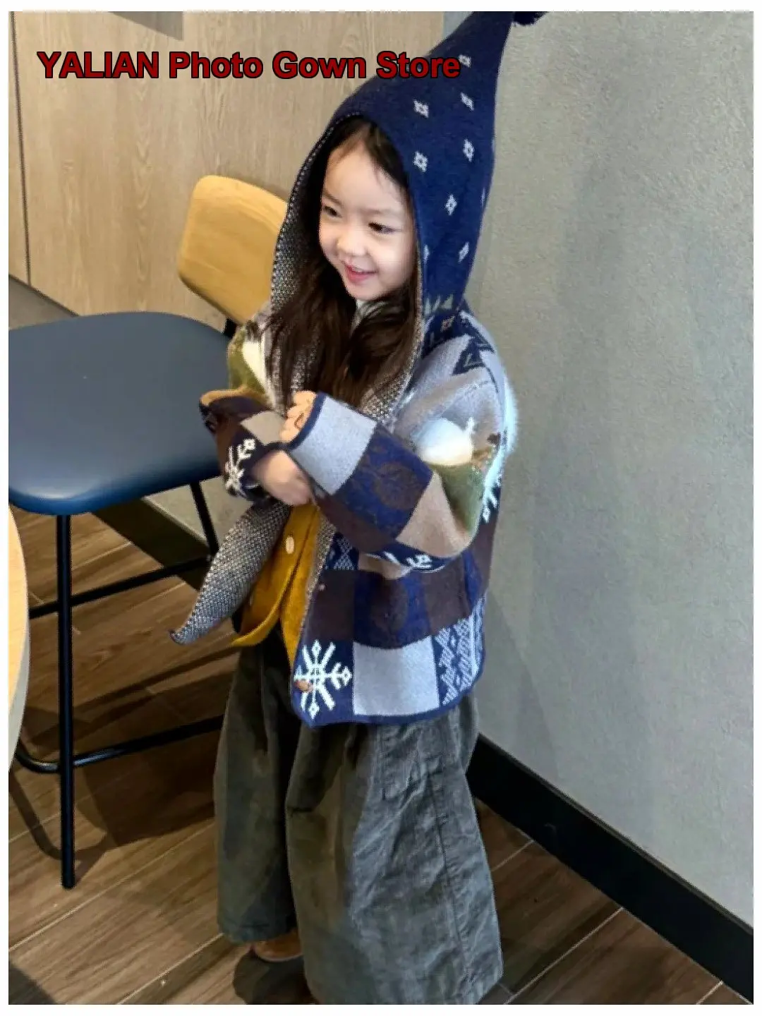 Girls Hooded Jacket Kids Autumn Winter Geometric Jacquard Horn Buttons Knit Cardigan Thin