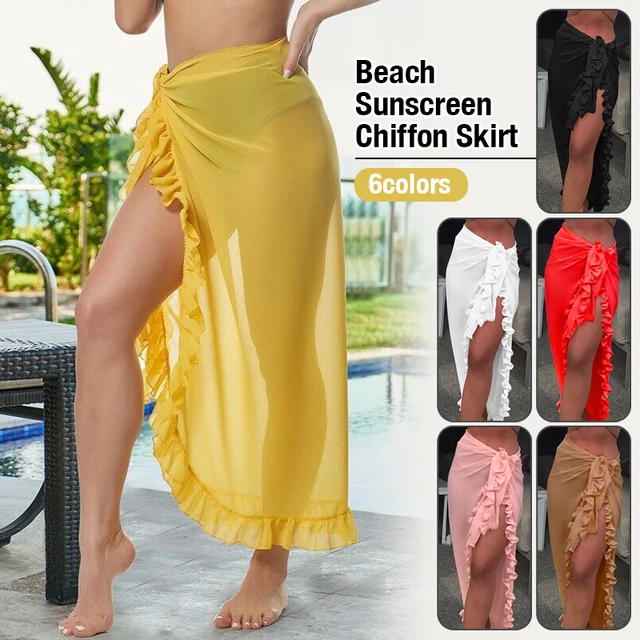 Mujer sexy sheer bikini pareo falda playa, vestido de baño