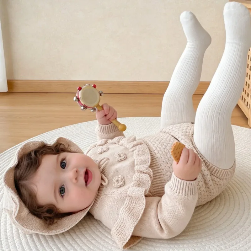 Girls' autumn outfit lace long sleeve solid knit bag fart cloth crawling clothes baby knit sweater princess hollow out jumpsuit