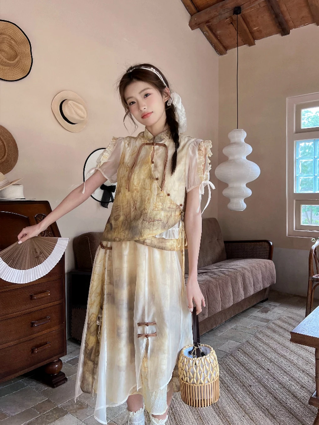 

Женский комплект Faion в китайском стиле в стиле ретро, новинка лета 2025, хлопок из двух предметов, ор Све Dr Ele Aosphere