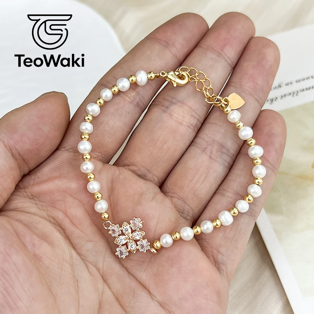 TeoWaki Natural Near Round Freshwater Pearl Bracelet Adjustable Snowflake Pendant Decorations Jewelry Birthday Gift 14.5+5cm
