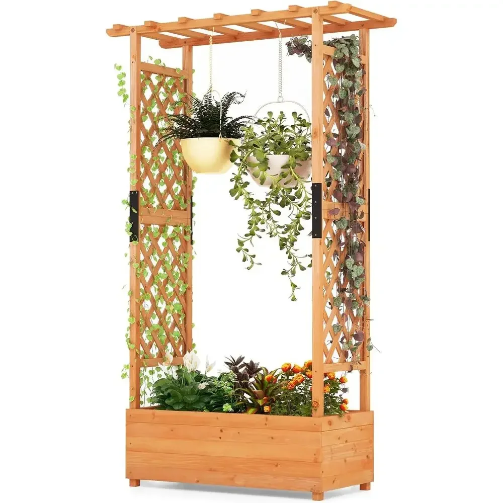 Elevated Wooden Garden Bed with Trellis, Medium-Sized for Growing Vegetables, Herbs, and Fruits Outdoors