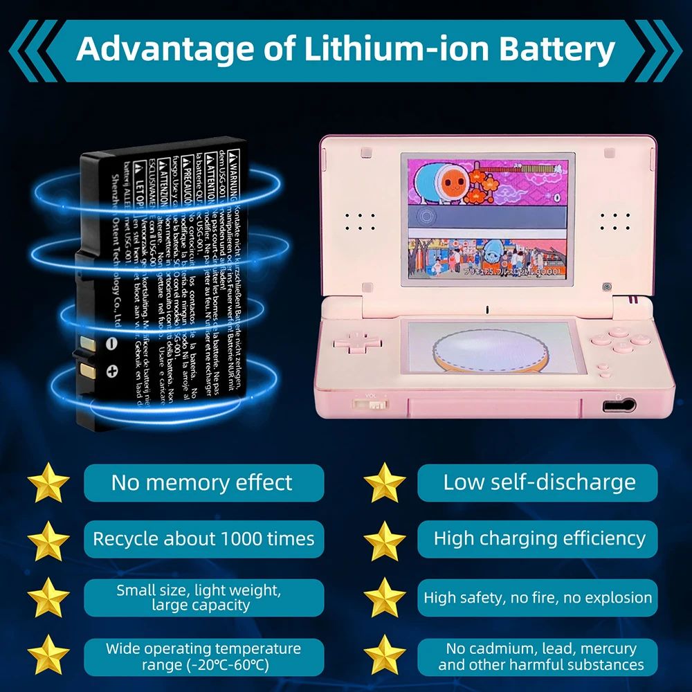 Astent batteria ricaricabile da 2000mAh di ricambio per Kit batteria al litio Nintendo DS Lite NDSL + cacciavite + penna Touch