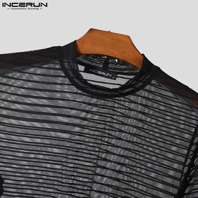 INCERUN Summer Short Sleeve Men T-Shirts Round Neck Short Sleeve Mesh Striped T Shirts Chemise Oversize Men Clothing S-5XL