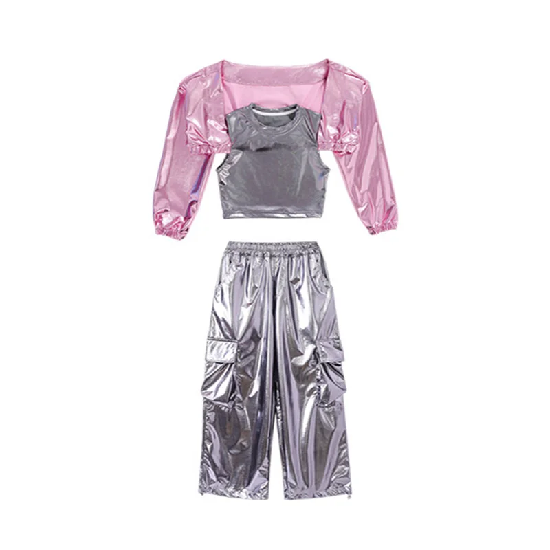 Crianças kpop hip hop roupas retalhos colheita topo streetwear prata calças de carga para meninas jazz dança traje roupas