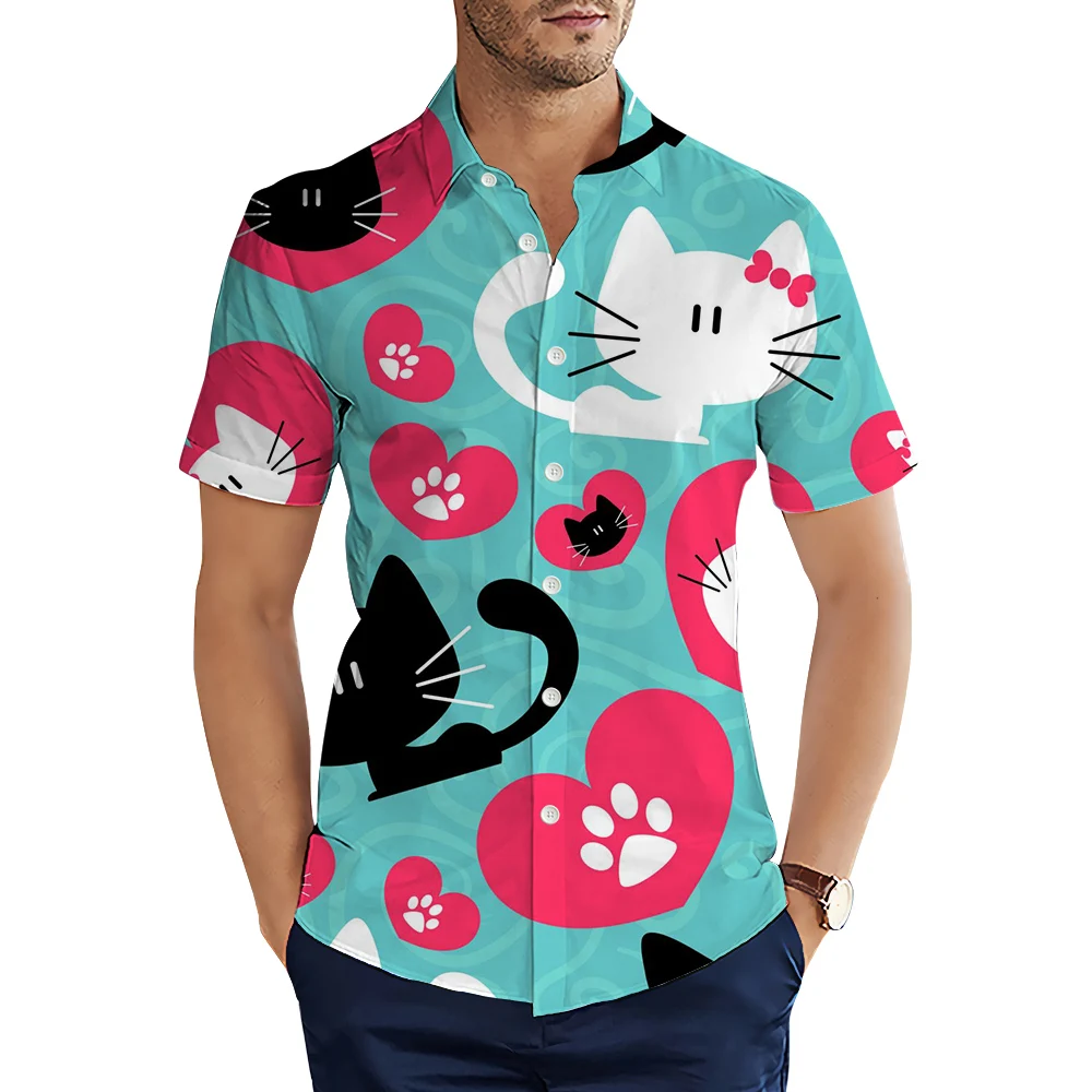 HX Fashion Men Shirts Cartoon Animals Cart Heart Paws 3D All Over Printed Casual Shirts for Men Clothing Summer Tops Camisas