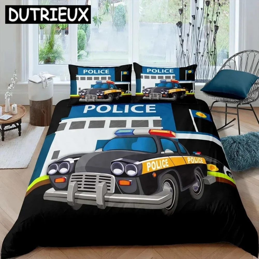 Police Car King Queen Duvet Cover Cartoon Car Bedding Set Kids Boys Blue Grey Emergency Responder Vehicles Polyester Quilt Cover