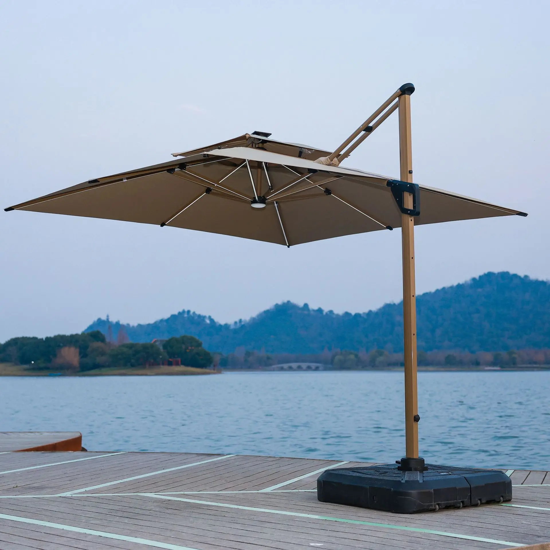 Outdoor Offset Patio Umbrella Heavy Duty Double Rib Roman Parasol With Solar Light Large Sun Shade Canopy for Awning