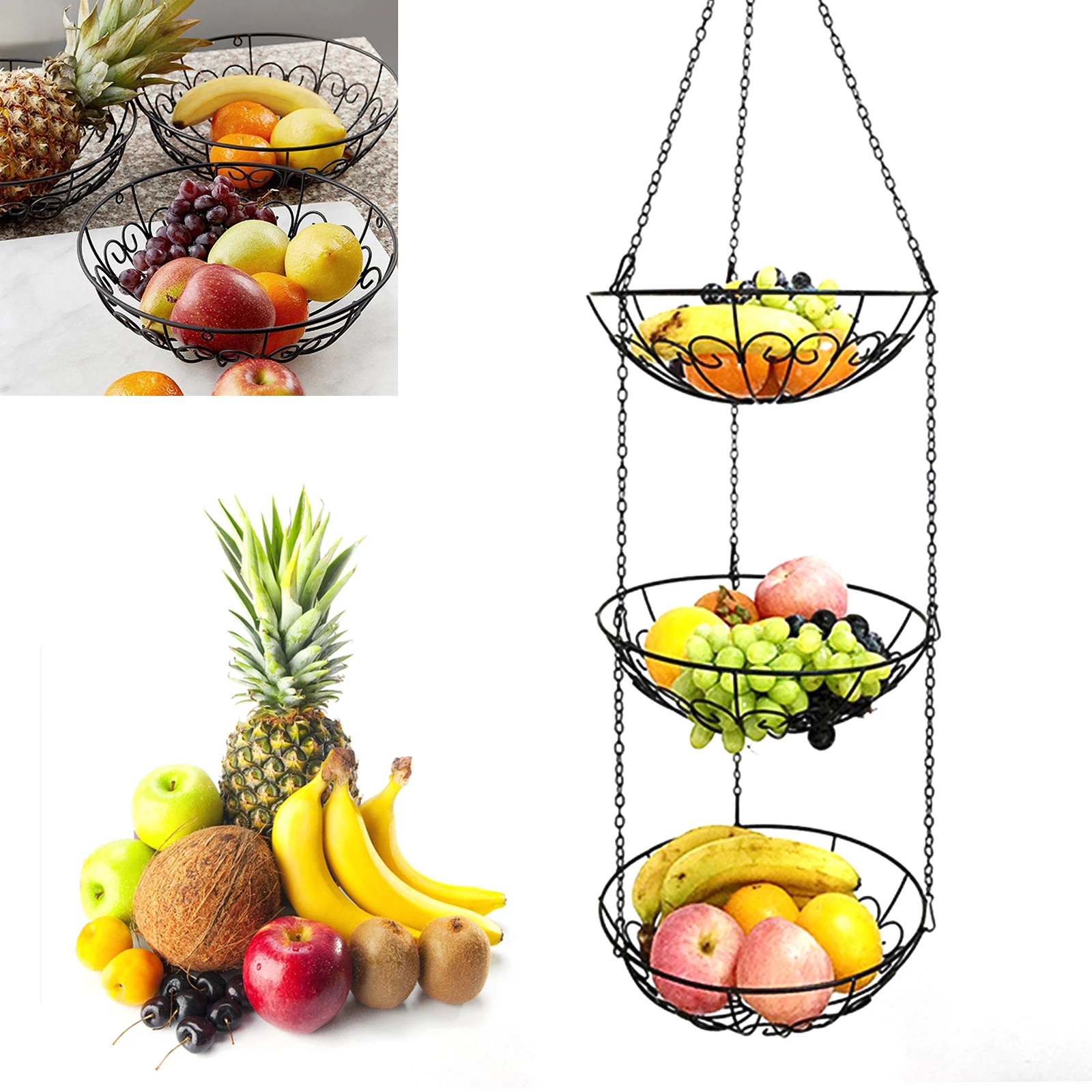 Fruit Basket Hanging Etagere 3-Stork Hanging Basket Kitchen 100cm Fruit Bowl Black with Hook for More Space on Your Worktop