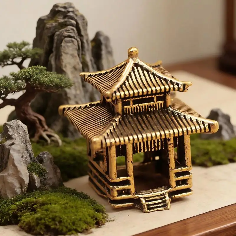 Home Decor Brass Ancient Architecture Figurines Chinese Ancient Buildings Pavilions Fairy Garden Miniatures Fish Tank Decoration