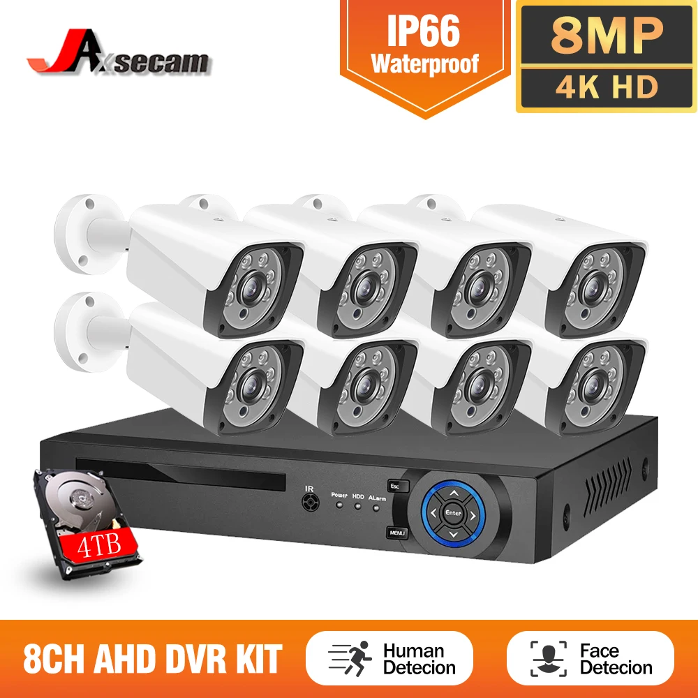 

Jaxcam 4K CCTV 8CH Hybrid DVR Video Surveillance System 8MP AHD Camera Day & Night AHD Bullet Analog Camera Kit VGA Output