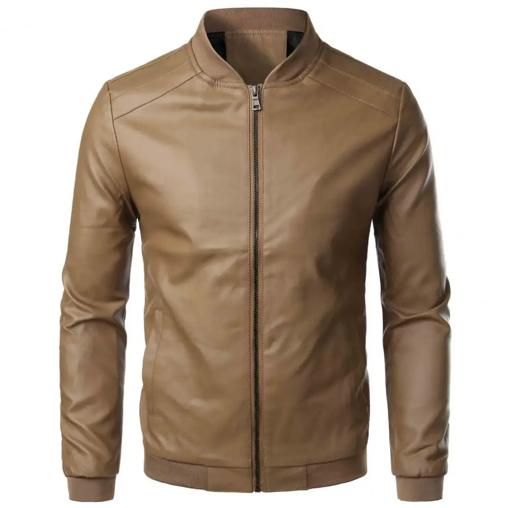 

Men Leather Jackets Coat Slim Stand Collar Smooth Faux Zipper Leather Spring Jacket Cardigan for Daily Wear Male Clothing