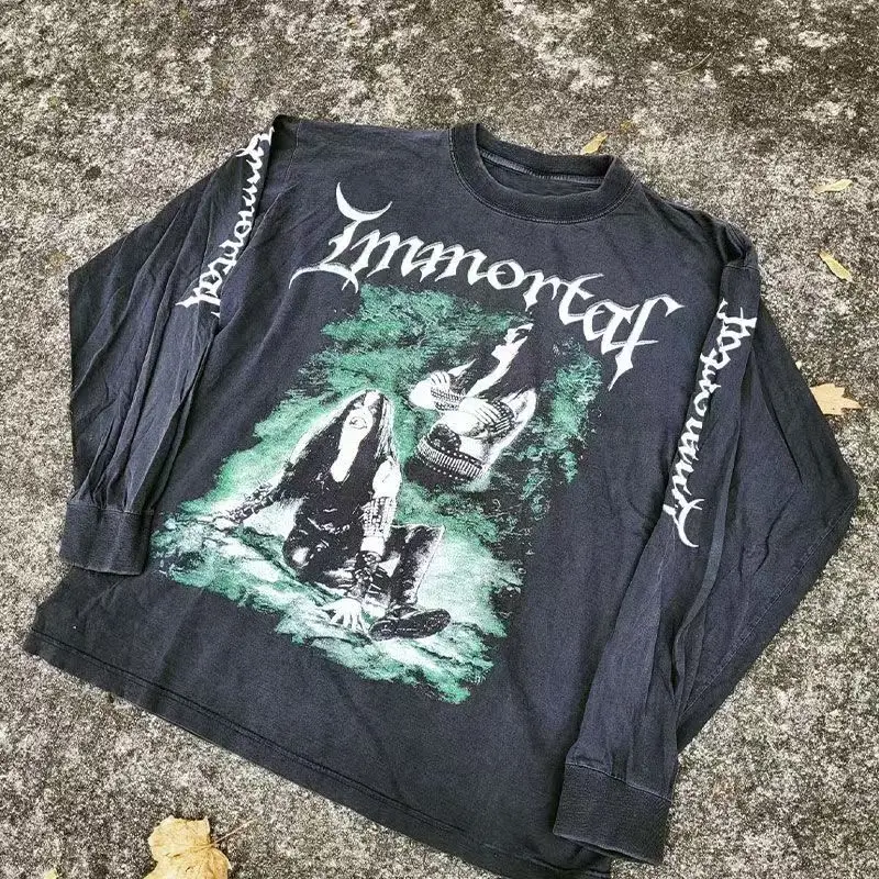 

2000s Harajuku Vintage Tshirt Streetwear Rock Band Graphic Print Washed Long Sleeve Oversized T-Shirt Men Casual Tees Top Unisex