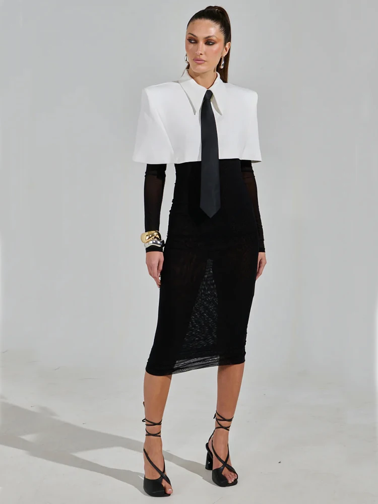 Abito longuette da donna sexy con spalle scoperte e maniche lunghe con design a grembiule bianco Abito aderente patchwork Abito da sera formale