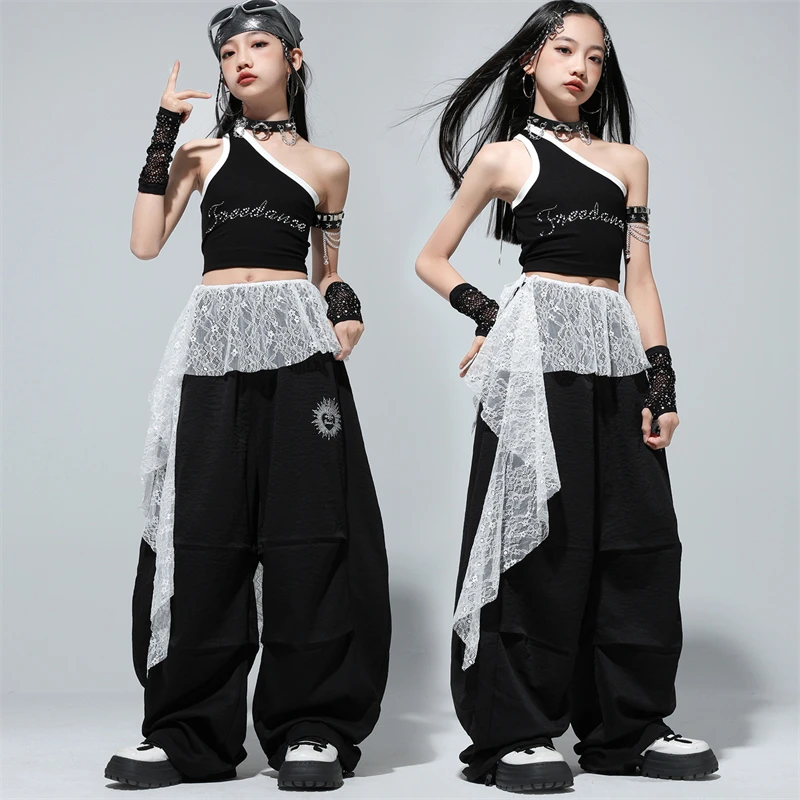 Mädchen Hip Hop Jazz Dance Anzug One-Shoulder Weste Crop Top Lange Hose Bühne Kinder Kpop Kostüme Teenager Street Performance Outfits