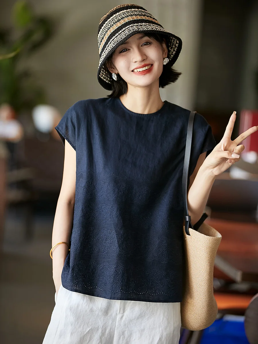 

Evening Flower Sea Breathable Linen Heavy Embroidery Straight round Neck Sleeveless Top for Women New Style Summer Shirt