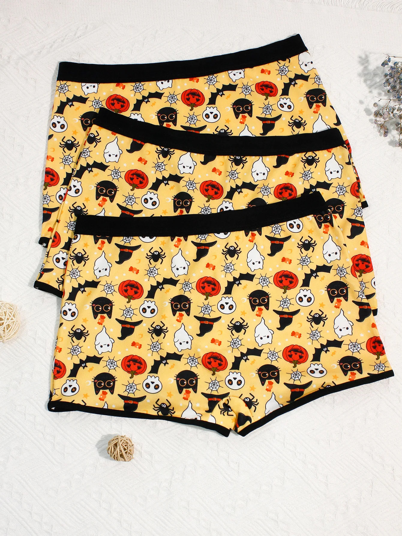 Confezione da 3 boxer da donna con tema Halloween, zucca, pipistrello, faccia fantasma, boxer da ragazza comodi e traspiranti