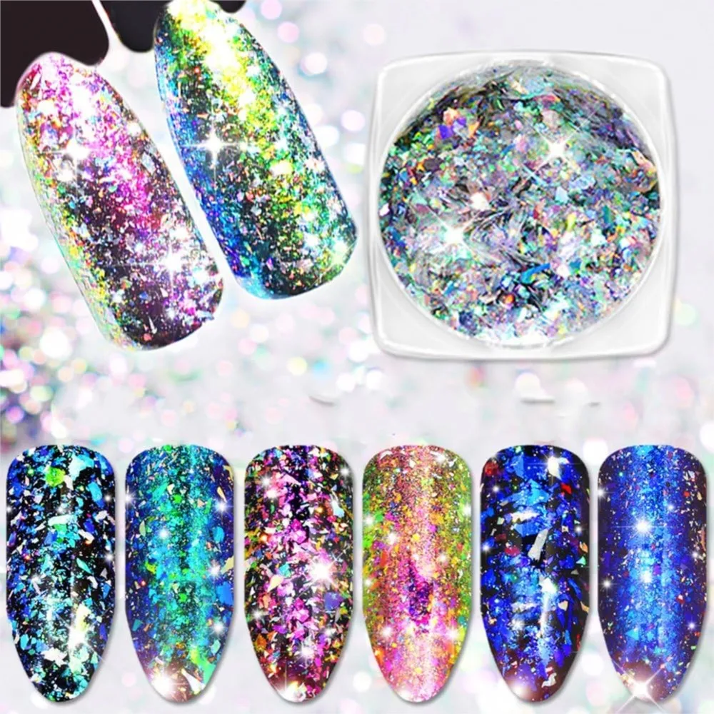 1 Box Nail Art Chamäleon Pailletten Laser Silber Glitzer Holographische Flocken Paillette Galaxy Spiegel Pulver Funkelnder glänzender Laser Glitzer