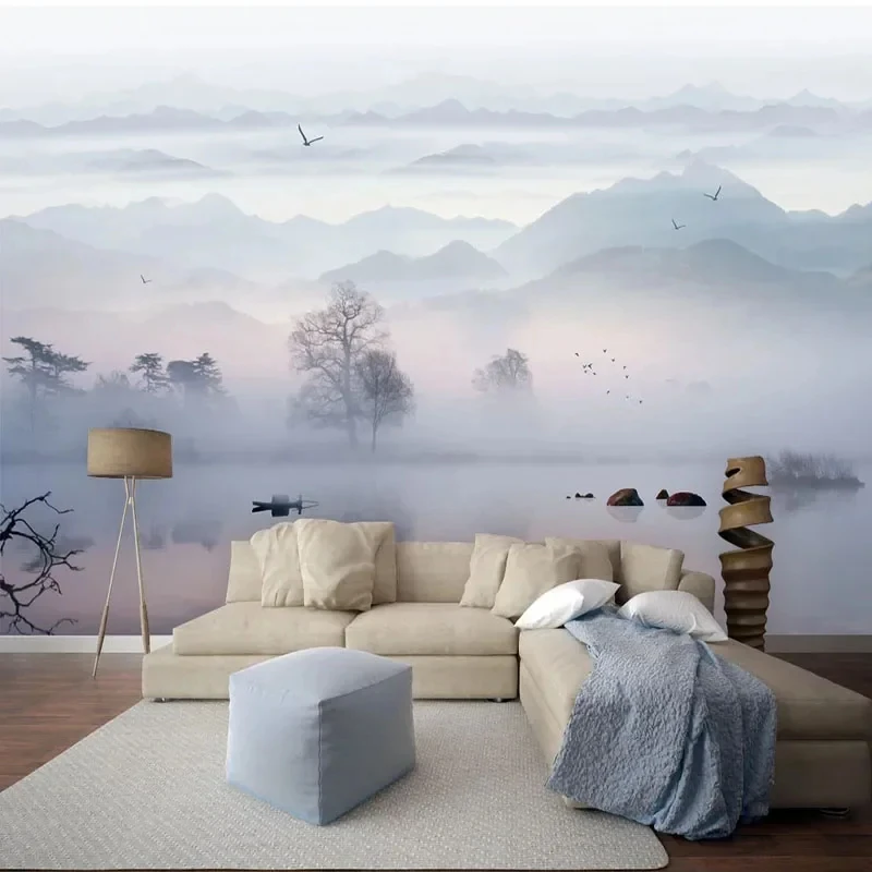 

Custom wallpaper 3d murals new Chinese artistic conception simple ink landscape living room geometric mountain peak forest mural