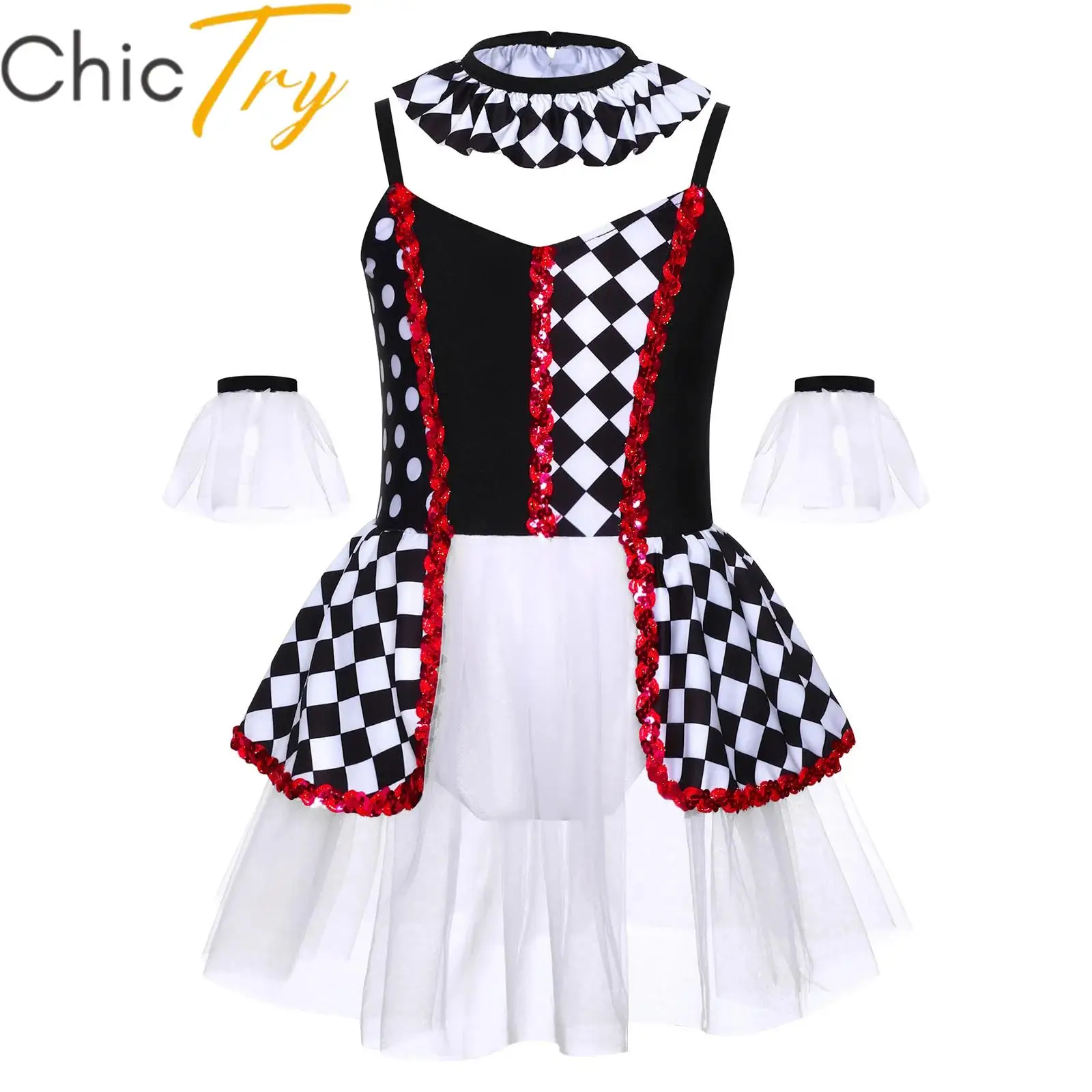 

Kids Girls Clown Costume Halloween Cosplay Dress Color Block Sequins Ballet Leotard Tutu Dress Carnival Roleplay Party Dress Up