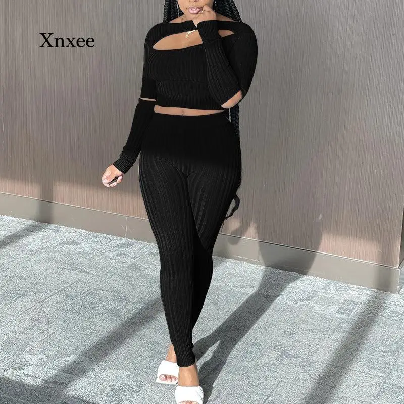 

New Fashion Two-Piece Women's Solid Color Matching Suit Casual Pullover Sweater Hollow Elastic Waist Sweater Women