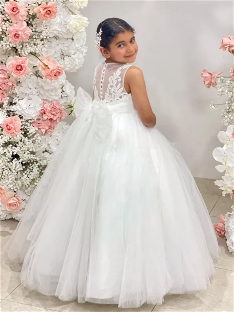 Elegant Sleeveless Tulle Lace Printing Flower Girl Dress Princess Ball First Communion Dresses Kids Surprise Birthday Present