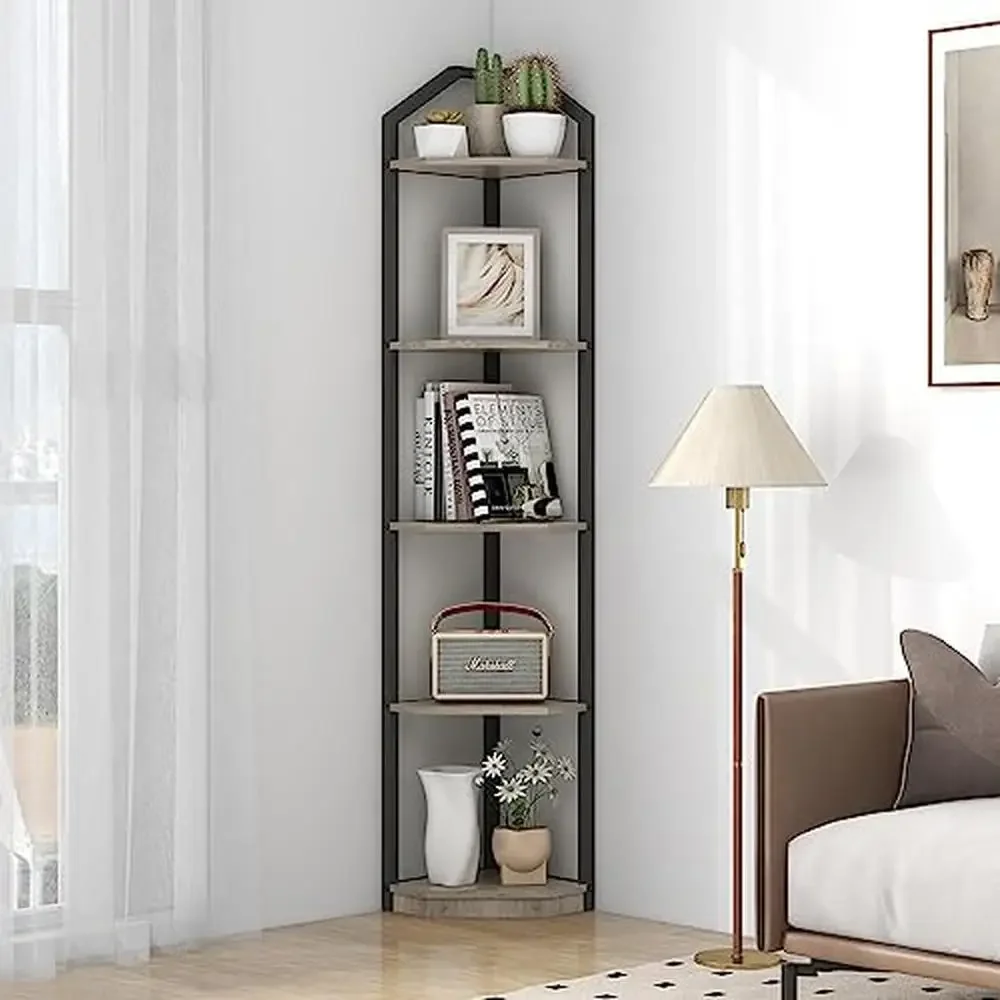 

5 Tier Grey Corner Shelf Stand Bookshelf Plant Storage Home Office Kitchen Bedroom Living Room Space Saving Sturdy Modern Wood