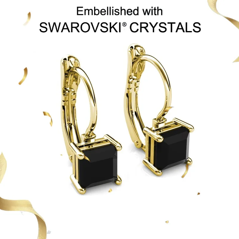 

Daisini 925 Sterling Silver Priness Cut Hoop Earrings Embellished Swarovski Black Crystals for Women Gold Plated Accessories