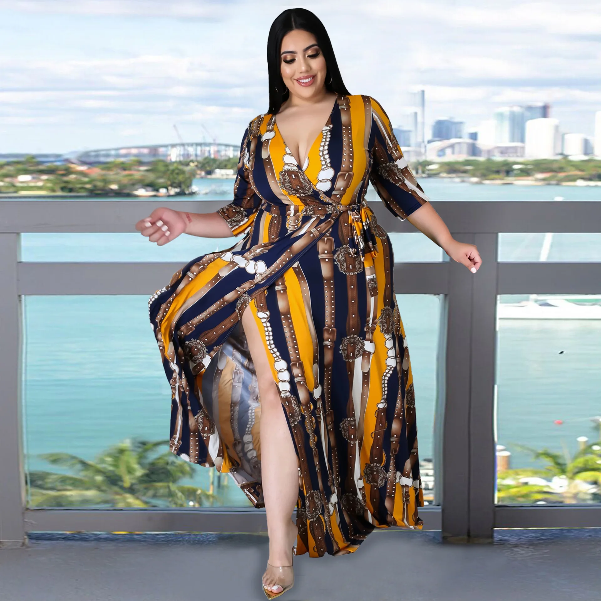 Women's Dress Sexy V-Neck Seven-Sleeve Polyester+ spandex Casual Long Split Dress Printed Party Elegant Dress