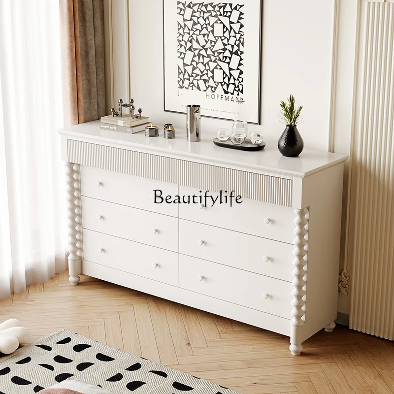 Simple Modern White Cream Style Hallway Locker Solid Wood Eight Buckets Sideboard Cabinet Storage