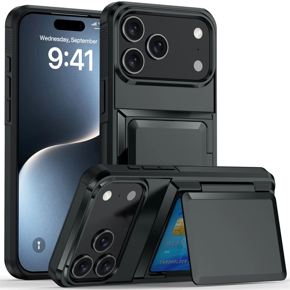

Shockproof Flip Card Holder Slot Wallet Case for iPhone 17 Pro Max 16 15 14 13 12 11, Hybrid Card Pocket Kickstand Phone Cover