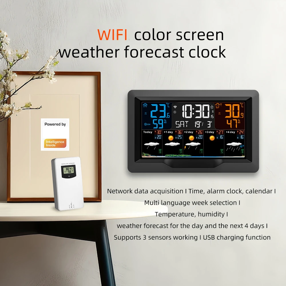 Tuya WIFI Smart Weather Station Indoor Outdoor Temperature Humidity Meter Weather Forecast Multifunctional Weather Alarm Clock