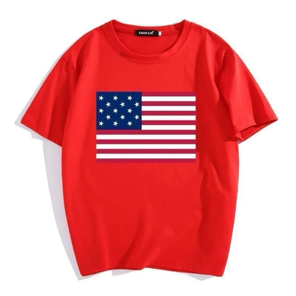 Y2K summer American travel flag pattern pure cotton short-sleeved T-shirt for men women large size trendy round neck half sleeve