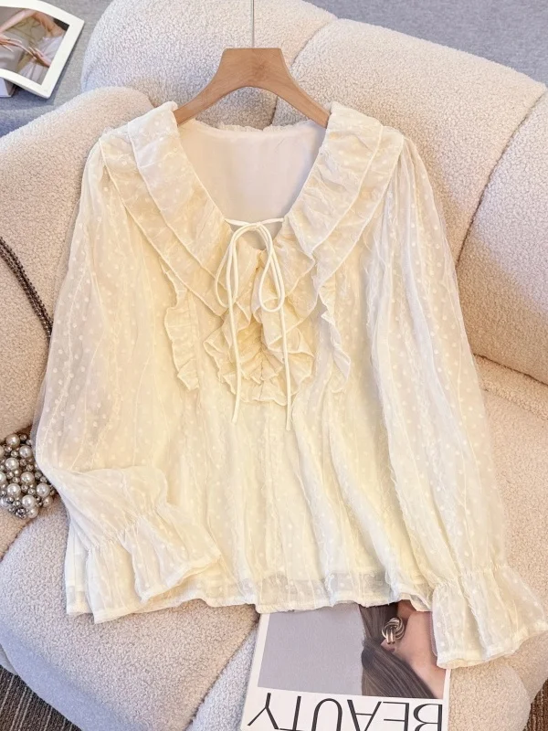 

Spring 2026 Large Size Women's V-neck Long Sleeve Chiffon Shirt Bell Sleeve Flounce Hem Korean Style Loose Fit Lace Top