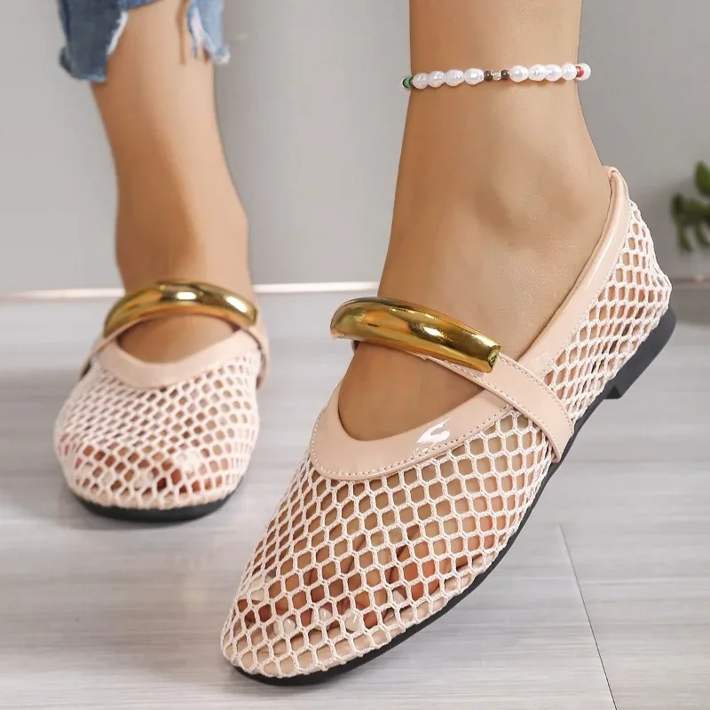 Women's Breathable Summer Round Toe Shallow Mouth Metal Buckle One Buckle Strap Soft Sole Flats Cutout Mesh Sandals