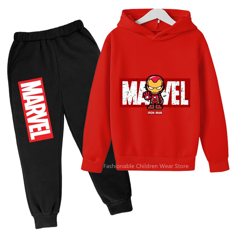 New Marvel Q-Edition Iron Man Print Hoodie & Pants Set - Kids' Cotton Capped Outfit for Casual Styles