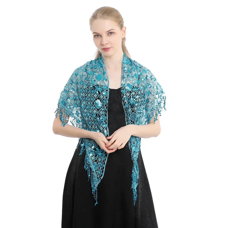 Spring Autumn Style Sequin Tassel Scarf Sequin Cape Dinner Party Capes Women Tassel Cape Cloak Lady Ponchos Blue