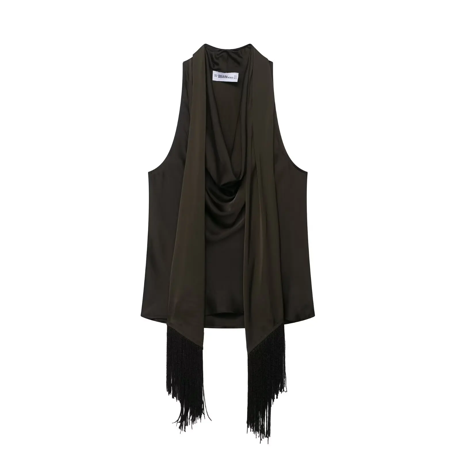 

Women's Slim Short Tops 2025 Fashion Summer Sexy Black Swinging Collar Sleeveless Tassel Decoration Female Top