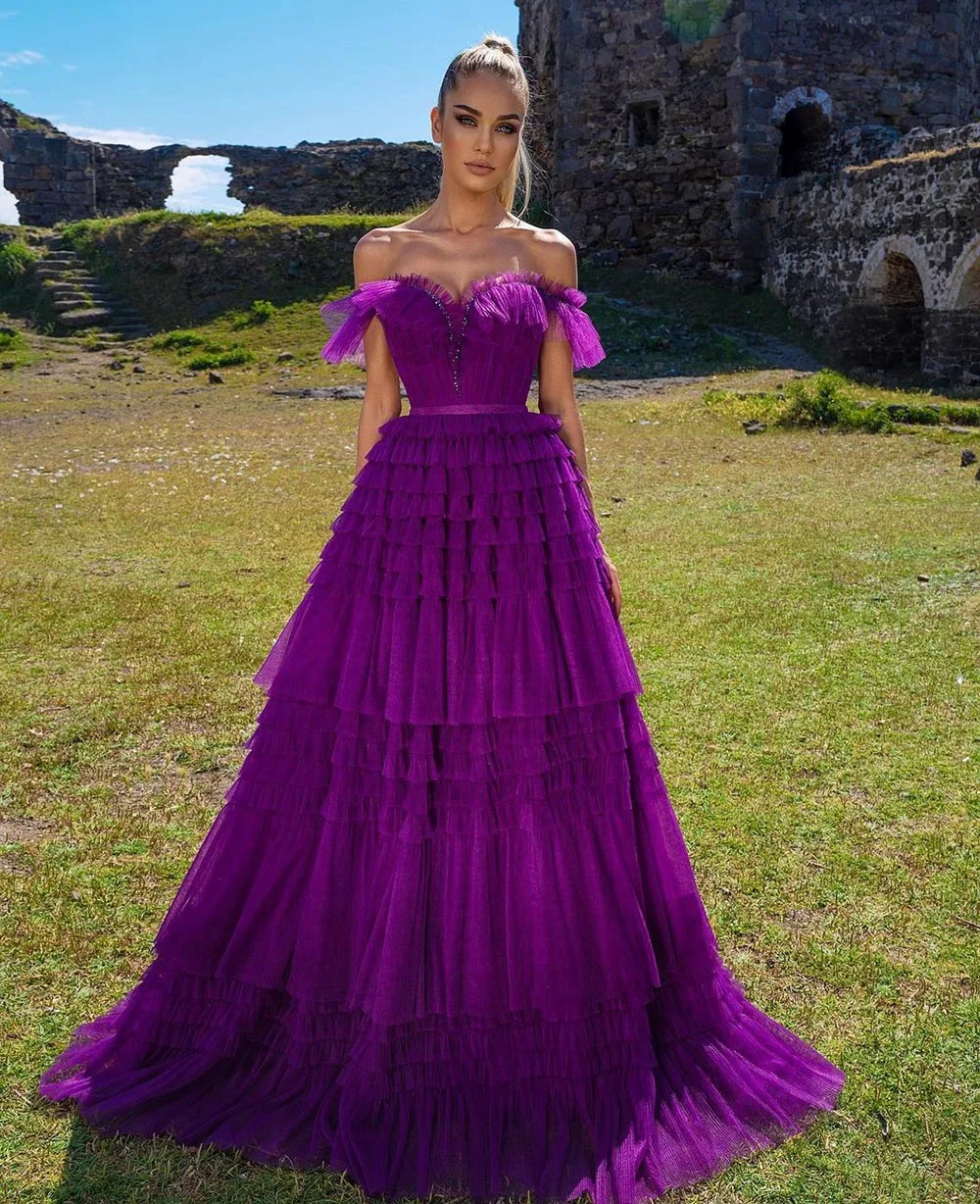 Sevintage Arabia viola abiti da ballo in Tulle a strati con spalle scoperte increspato increspature Dubai abito da sera da donna abito da cerimonia formale