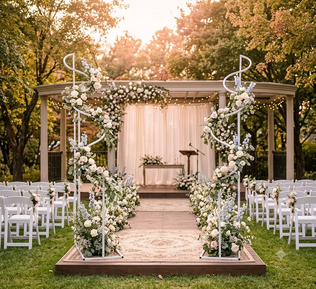 Heiß begehrter gebogener Bogenbühnenhintergrundständer für Hochzeiten im Freien, Geburtstage, Jubiläen und Verlobungsfeiern. – Detail 4