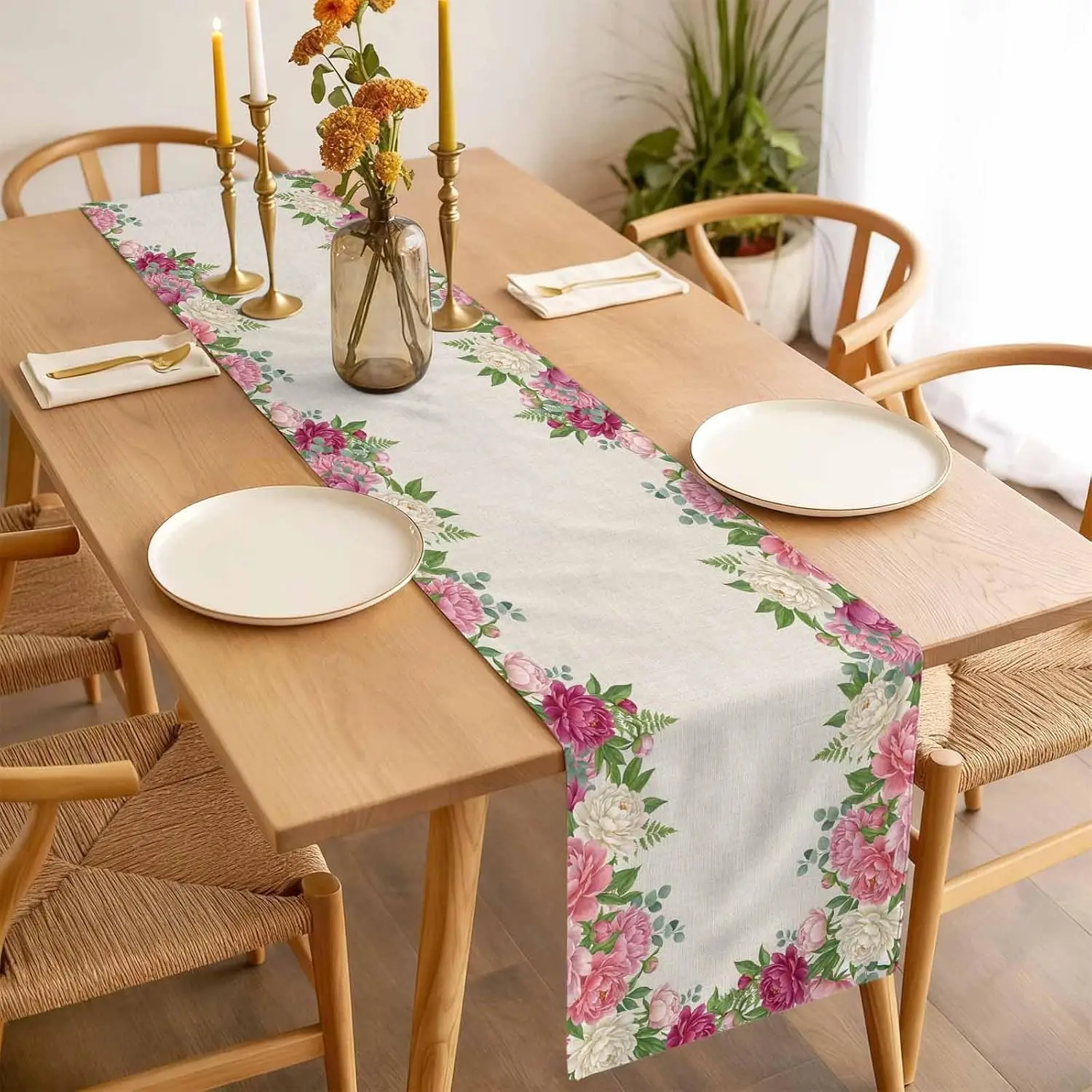 Spring Pink White Peony Flower Table Runner Party Decor Farmhouse Kitchen Dining Table Runner Wedding Decor Mother's Day Gift