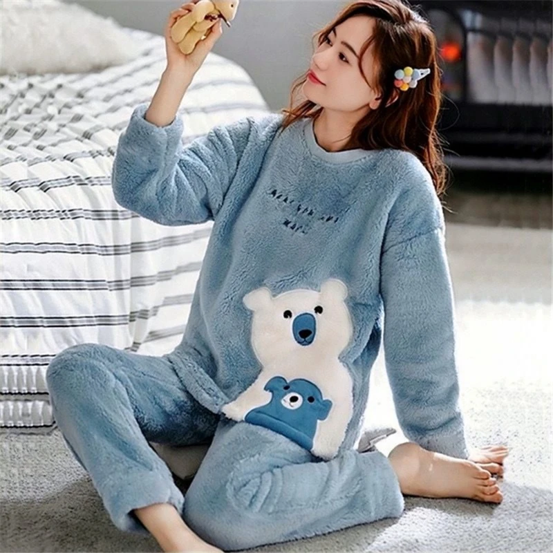 Verdickter warmer Flanell Herbst Winter Plus Size Pyjama 2XL Langarmanzug Blauer Cartoon Bär Homewear Schule Loungewear – Detail 2