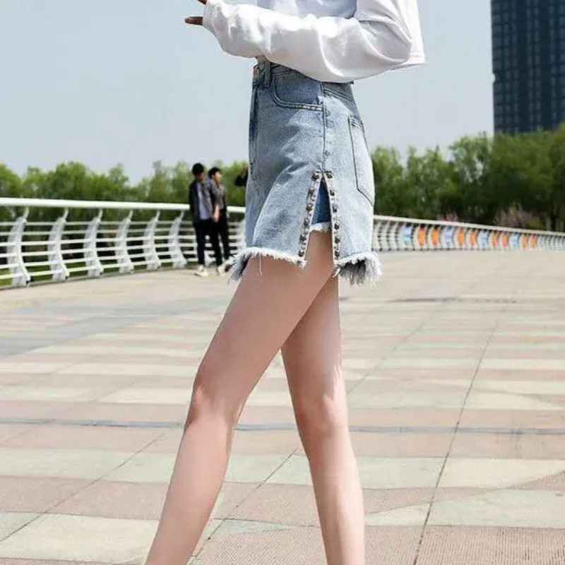 Faldas vaqueras azules para mujer, Chorts con pantalones con abertura, estilo coreano corto, elegante, tendencia 2021, falda vaquera elegante de verano con escote en V para mujer
