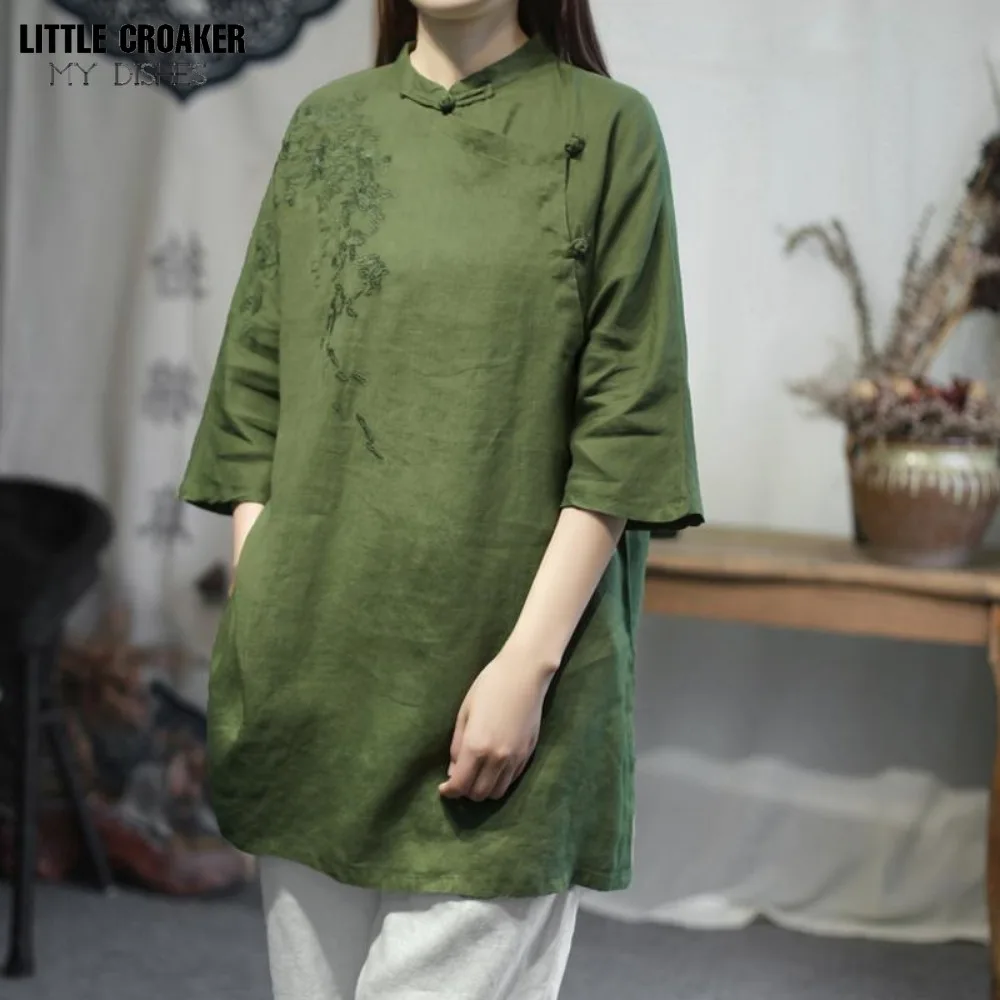 Chinoiserie Buddhist Patchwork Split Top Zen Blouse Tea Suit with Diagonal Placket Button Middle Length Tea Artist's Lay Clothes