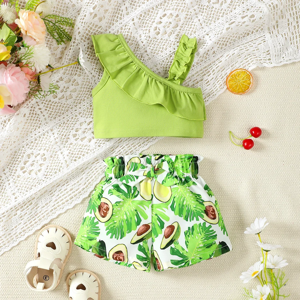 Baby Girl Clothes Set Sling Sleeveless Croptop Top Avocado Printed Shorts Outfit Clothing Suit for Kids Newborn Girl Clothes