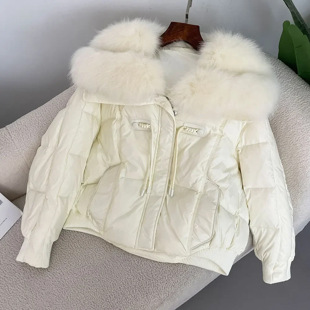 Fur Jacket Women 2024 Winter Big Real Fox Fur Collar Natural Thick Warm Duck Down Coat Short Outerwear Streetwear Loose