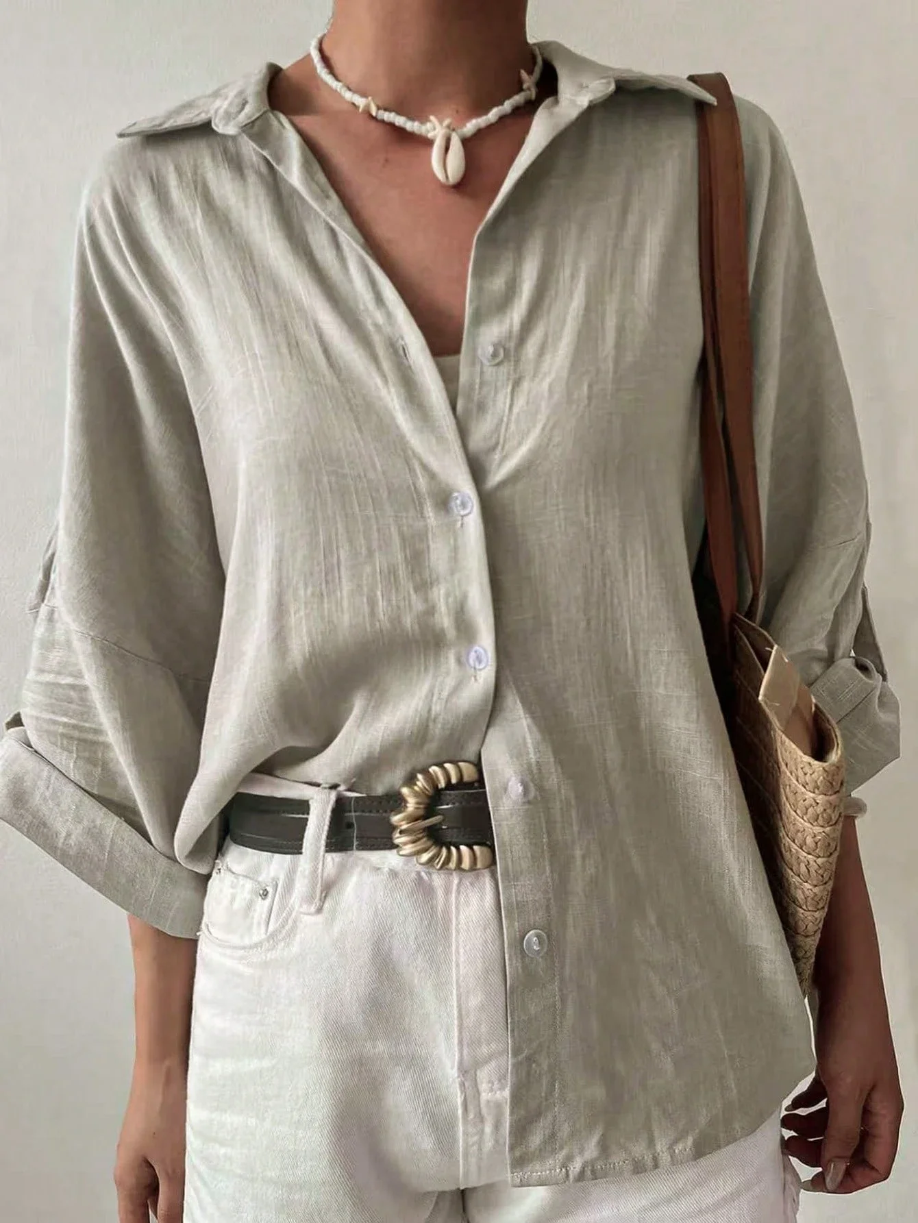 

Женская повседневная льняная рубашка с отворотами на рукавах, пуговицами и отложным воротником, длинный рукав