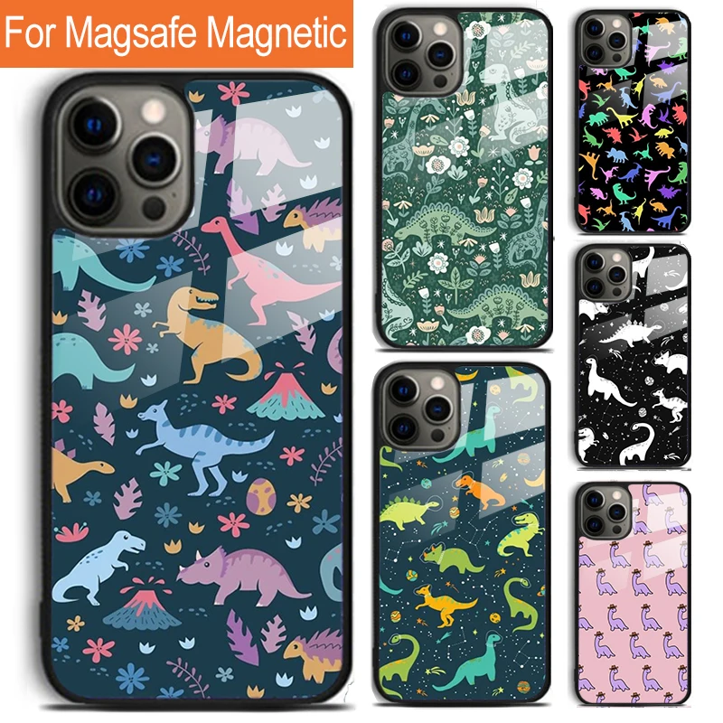 Dino King-funda de teléfono con diseño de dinosaurio Floral, funda de carga inalámbrica magnética Magsafe para iPhone 17 Air 16 15 14 12 Pro Max Plus