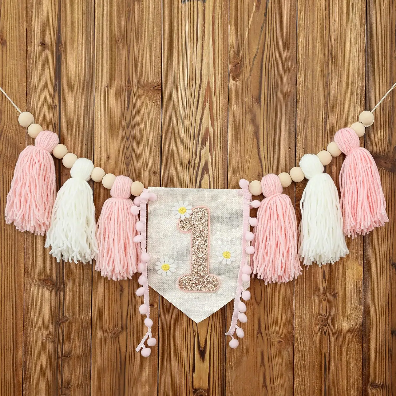 1szt 1st Birthday Daisy High Chair Banner Ręcznie wykonany drewniany koralik Tassel Garland Dekoracja Pierwsze urodziny Party Fotografia Rekwizyt — zdjęcie 6